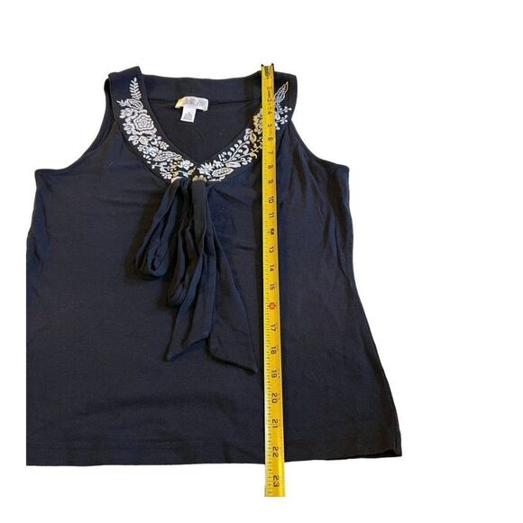 LOFT Womens Navy Blue Sleeveless Floral Embroidered Collar Bow Medium Tank Top - Picture 5 of 6